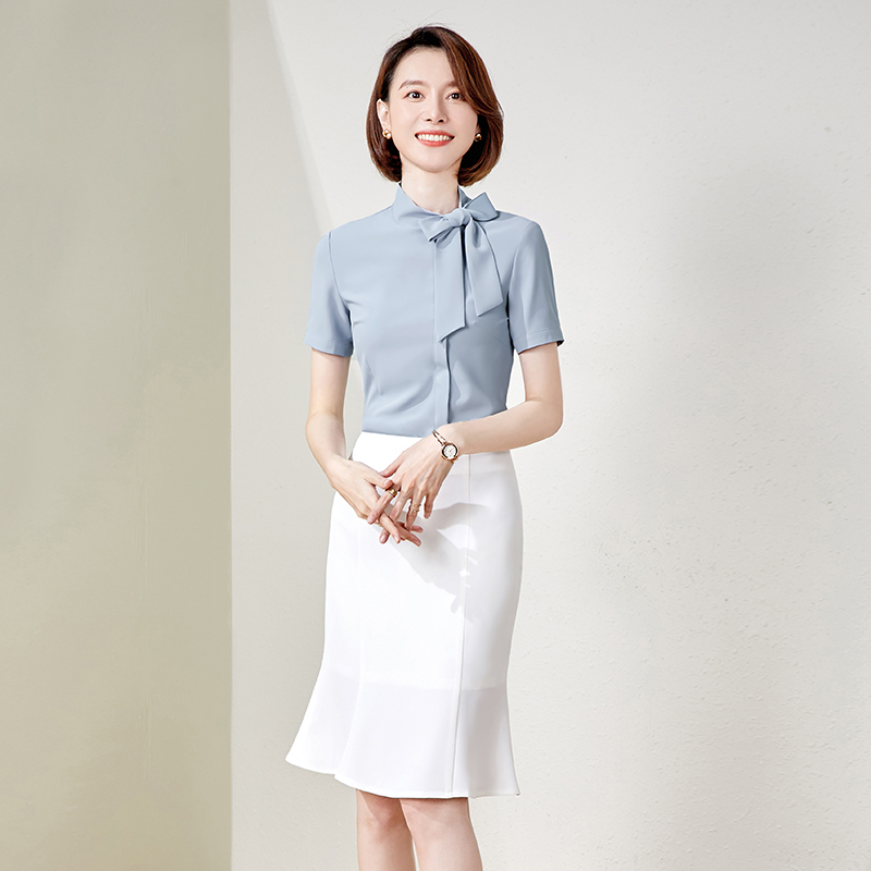 夏季新款职业装雪纺修身短袖衬衫鱼尾西装裙套装小香风教师工作服