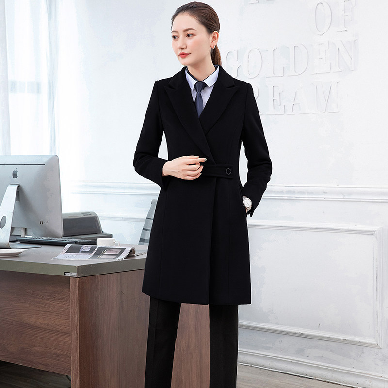 冬季职业装西装领时尚气质系带修身夹棉毛呢外套大衣酒店前台制服