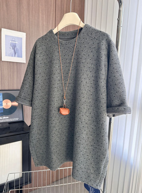 春秋季短袖宽松大版半袖上衣磨毛T恤女灰色波点打底衫女士体恤韩