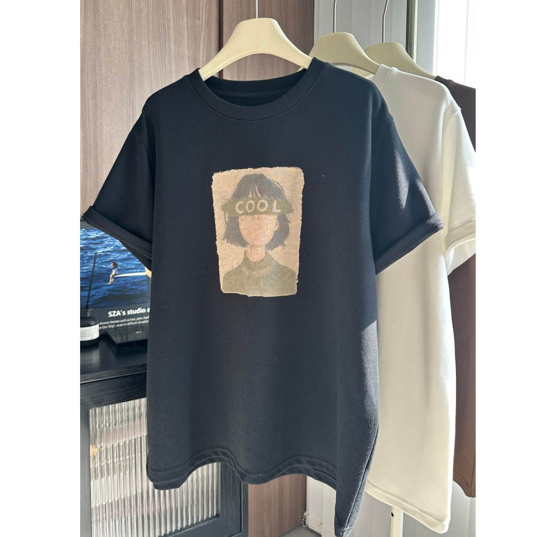 搭配鲨鱼裤中长款大版t恤遮屁股短袖女秋冬创意卡通印花半袖上衣