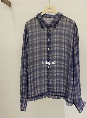 istyle韩版春夏薄款透视格子衬衫女长袖翻领荷叶边时尚百搭上衣潮