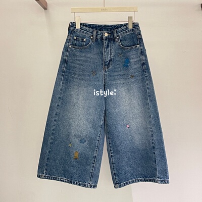 2026韩版istyle春季复古水洗阔腿八分裤童趣刺绣印花直筒牛仔裤女