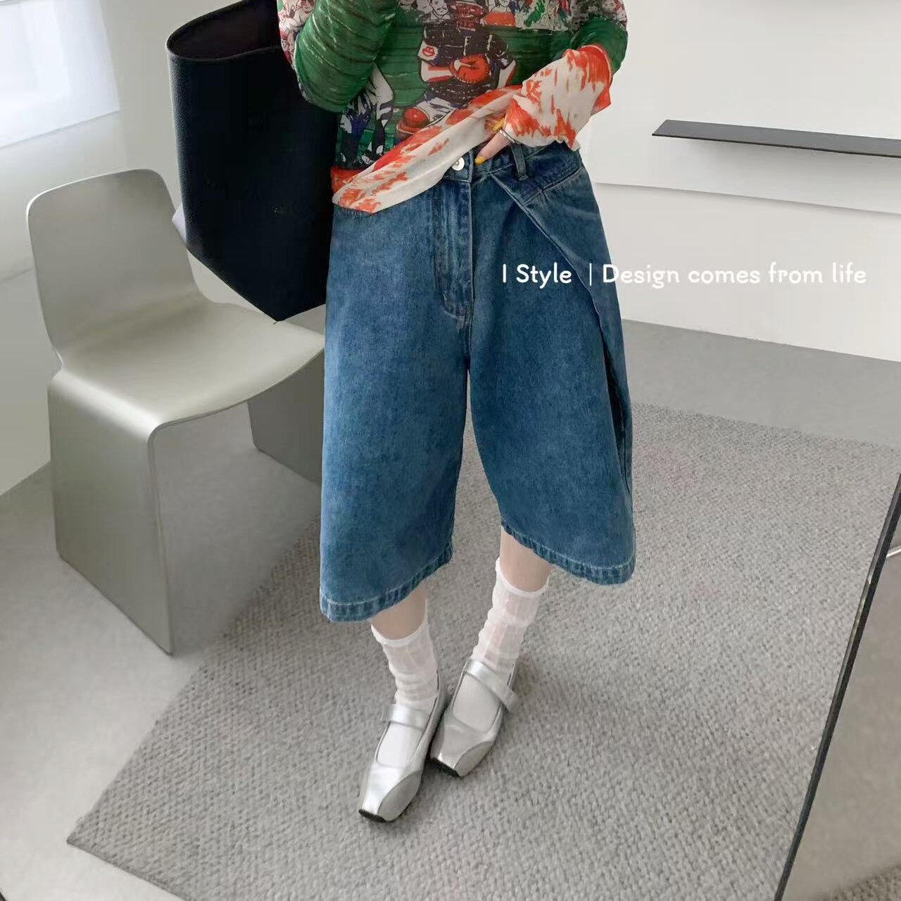 istyle新款2025春季宽松不规则设计感中裤复古洗水阔腿七分牛仔裤
