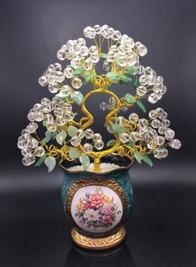 金枝玉叶摇钱树         大颗粒天然白水晶招财树摆件