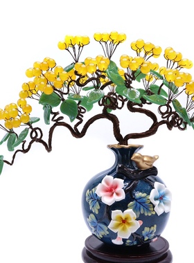 天然水晶黄玉果硕果累累迎客松摆件！ 鸟语花香！花开富贵！