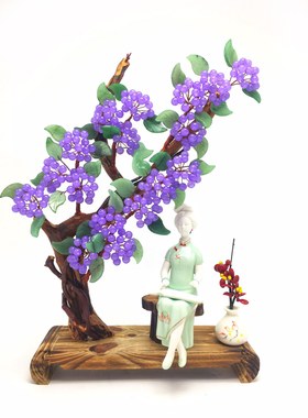 天然水晶浪漫薰衣草粉水晶紫水晶原矿石招财树摆件，古典仕女人物