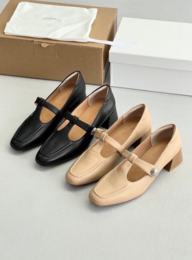 2024年秋季新款小方头头层牛皮粗跟中跟纯色杏黑色玛丽珍女鞋单鞋