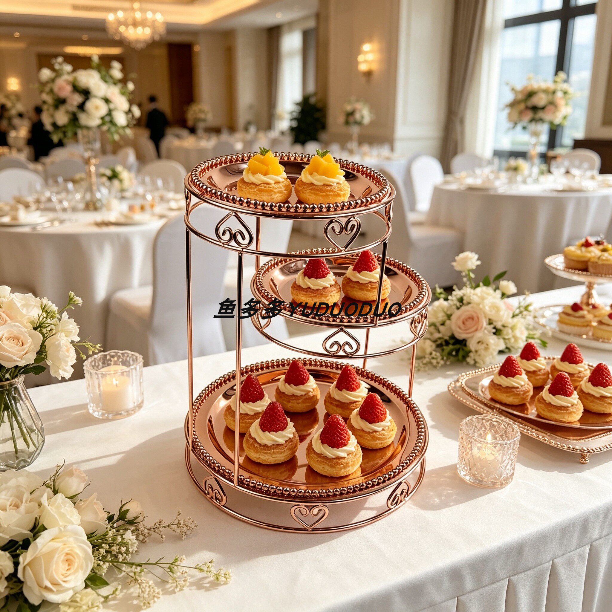 欧式玫瑰金三层点心架婚庆生日甜品台果盘多层酒店自助餐蛋糕架