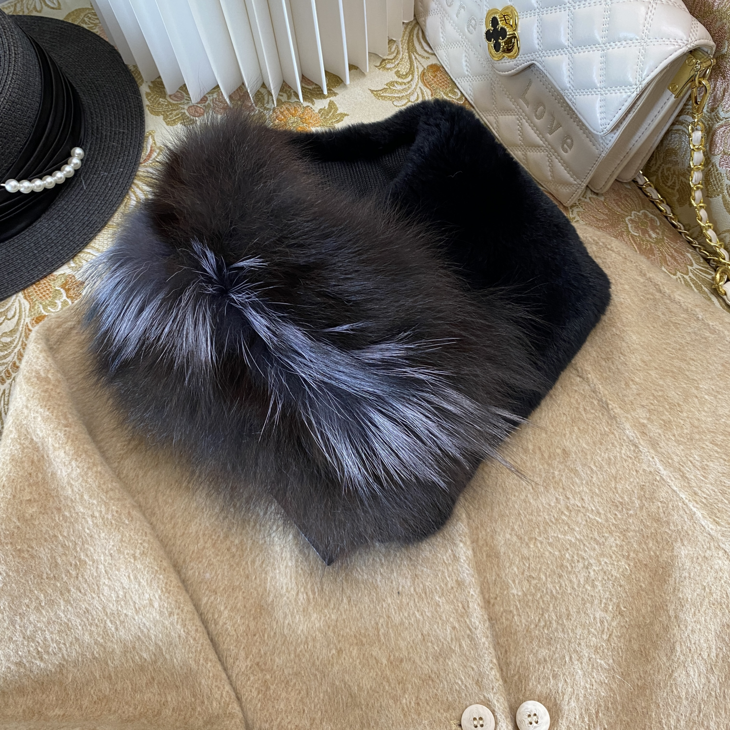 艾诺克獭兔毛整皮配狐狸毛皮草围巾 时尚大围脖女士磁扣保暖毛领