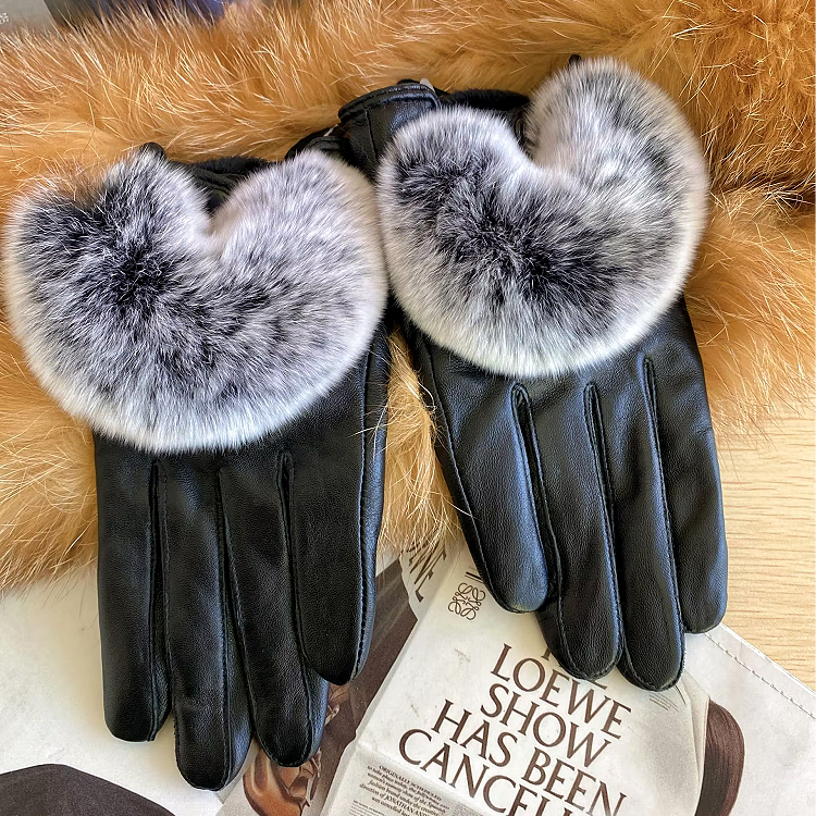 真皮手套女冬保暖獭兔毛羊皮手套女冬季加绒加厚可爱韩版触屏防水