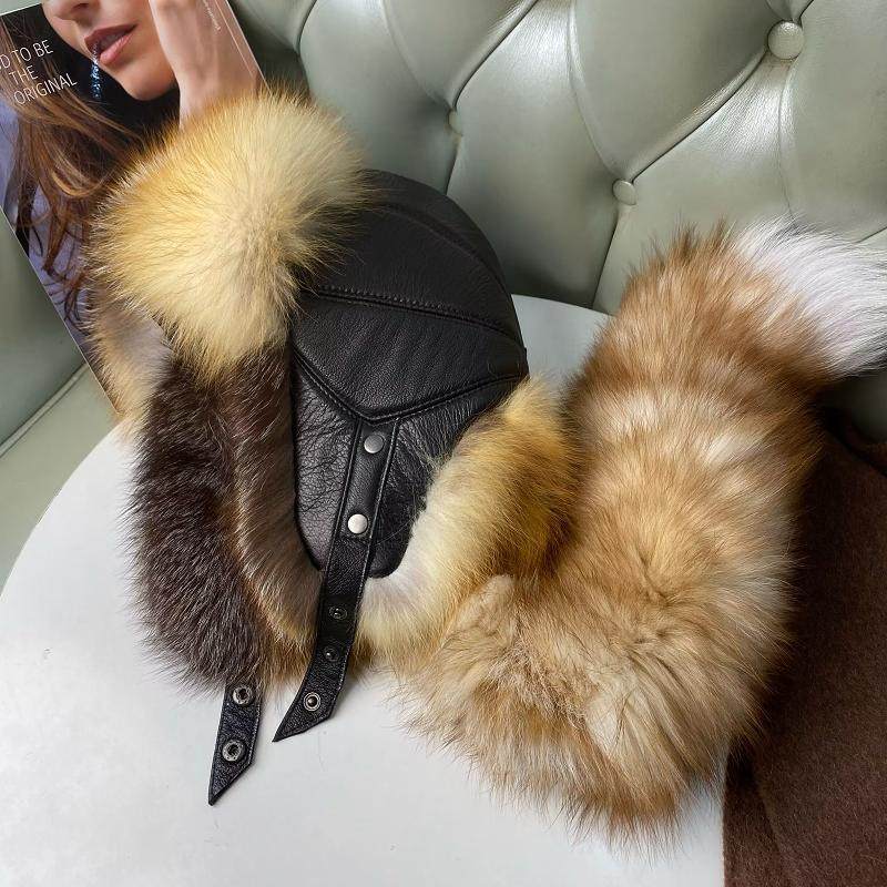 真皮狐狸毛帽子冬季保暖东北男女士雷锋帽貉子毛户外带上尾巴皮帽