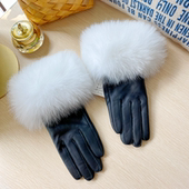 真皮手套女士冬季 大狐狸毛口羊皮手套加绒加厚保暖骑车绵羊皮手套