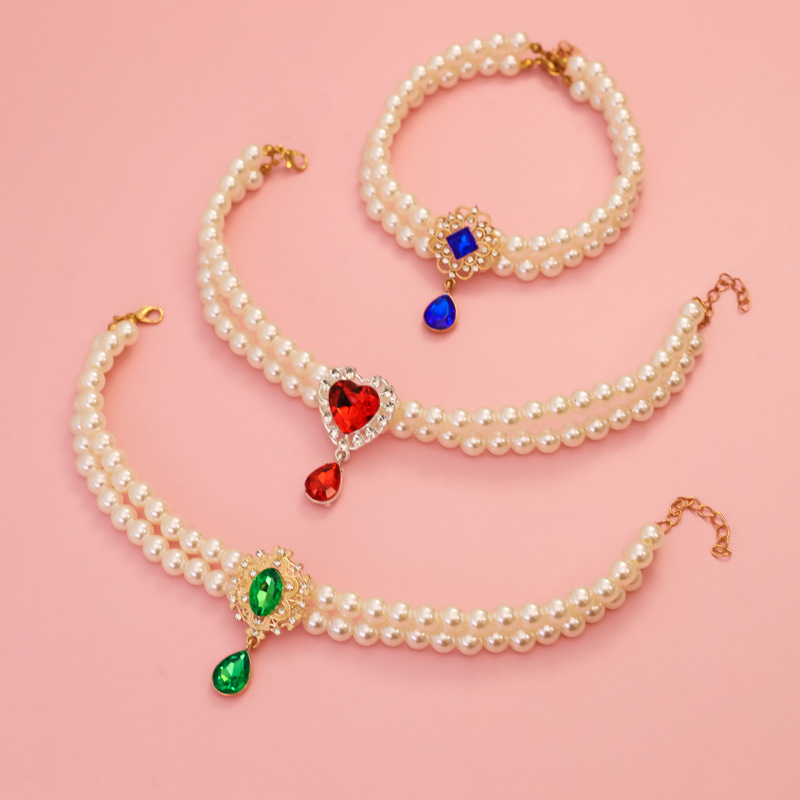 宠物珍珠项链小猫咪狗狗项圈复古贵妇水钻宝石爱心皇冠高级装饰品