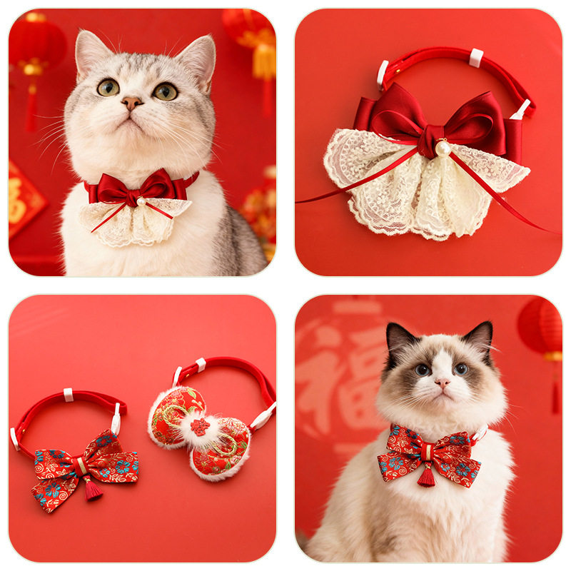 宠物新中式新年蝴蝶结项圈春节猫咪狗项链红色装饰品无声刺绣流苏