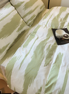 北欧简约绿色条纹纯棉单件床品3件套枕套A类欧式全棉床单被套床笠