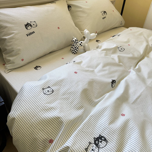 条纹猫咪纯棉被套床单单件合集