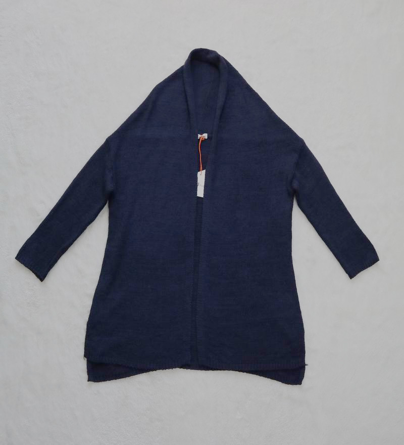 专柜品牌春秋女纯色套衫深蓝色有垂感敞身长袖中长款粘纤开衫毛衫