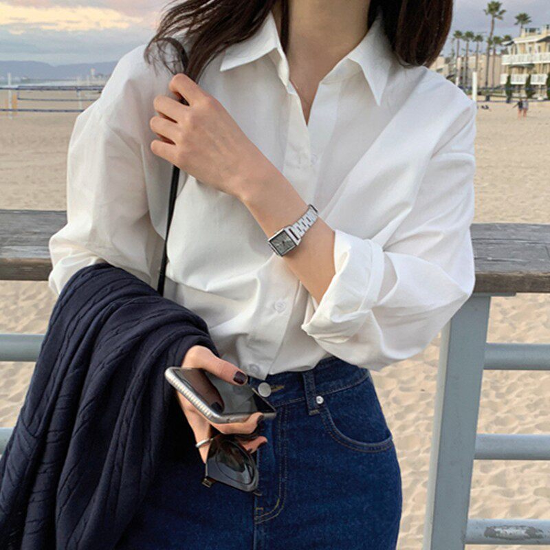 白色衬衫女长袖春秋季简约百搭直筒宽松显瘦上衣翻领时尚洋气衬衣