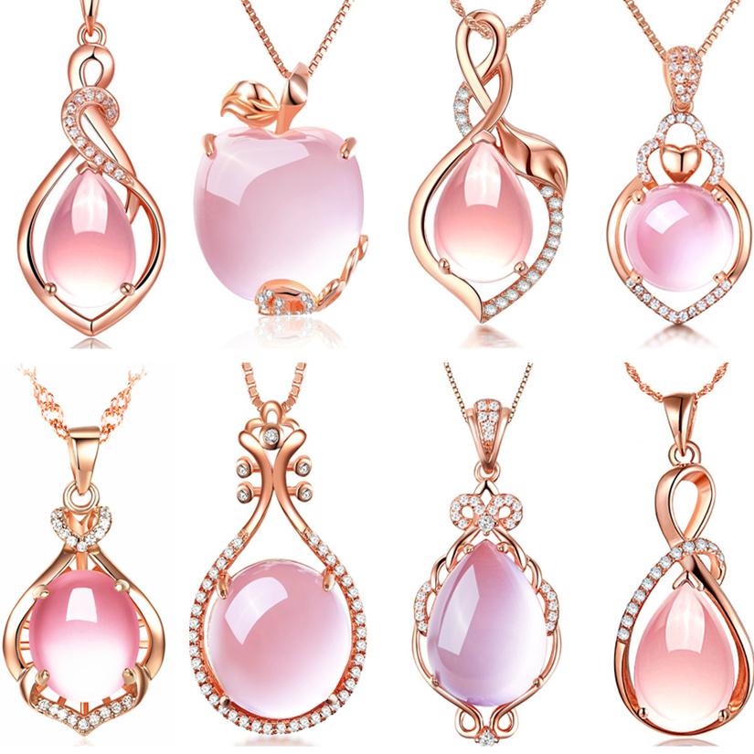 925纯银镀玫瑰金甜美气质项链天然粉水晶芙蓉石吊坠 女送闺蜜礼物