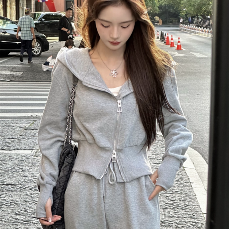 盐系显瘦运动套装女春秋宽松学生韩版时尚卫衣连帽休闲两件套网红
