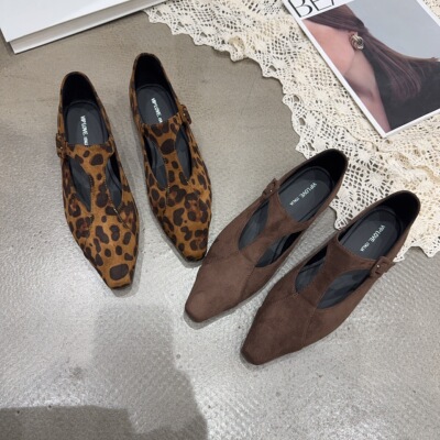 7768-33春季新品女绒面一字带平底小单鞋时尚豹纹韩版欧美小香风