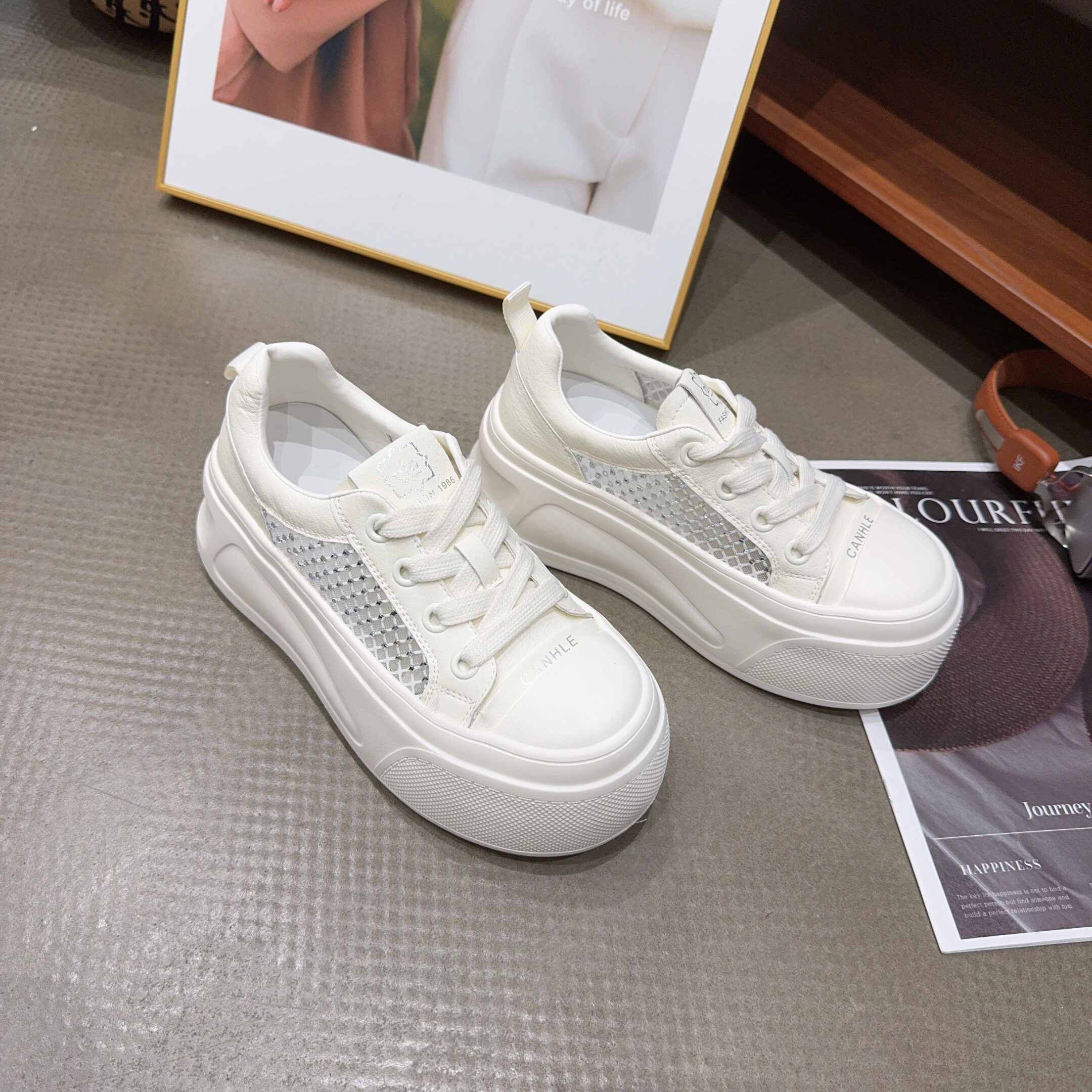 998-50春夏季新品女真皮网面圆头厚底小白鞋轻盈舒适韩版增高6.5