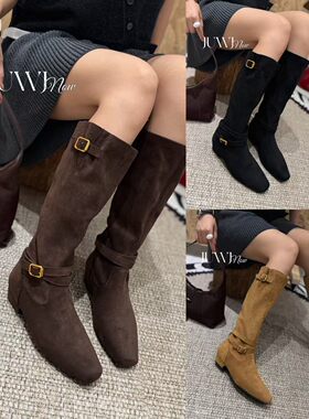 1079-7乐乐家秋冬季新品女绒面方头低跟高筒瘦瘦靴时尚网红同款潮