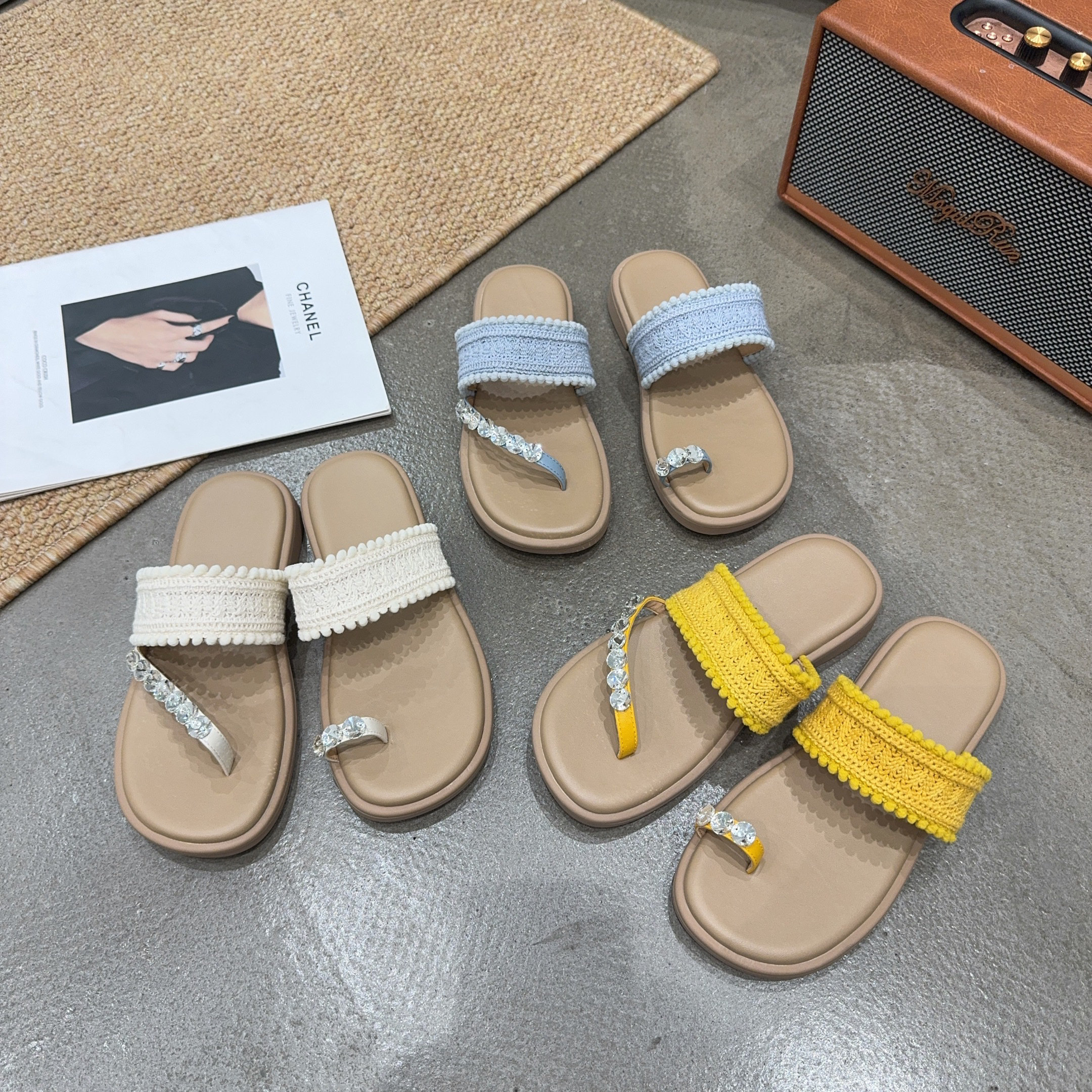 779-60 夏季新品女毛线编织平底鸳鸯拖鞋套趾夹脚时尚舒适韩版拖