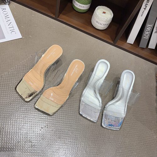 92-52夏季新品女粗跟方头拖鞋时尚气质水晶跟韩版增高7cm透明女鞋