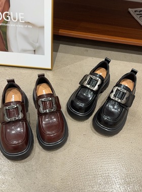 88810秋季新品女真皮圆头粗跟乐福鞋时尚百搭魔术贴英伦风小皮鞋