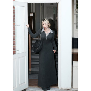 糯米子[朦胧交叠]磨毛绒感针织连衣裙秋冬季衬衫领假两件大码裙子