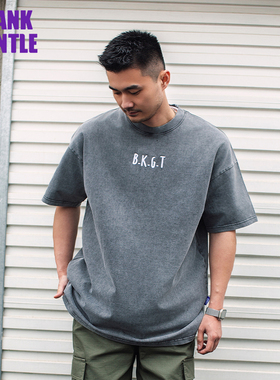 BlankGentle重磅水洗做旧灰纯棉短袖T恤圆领宽松大码男生美拉德