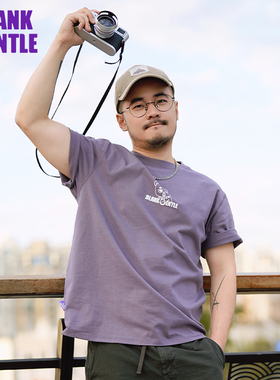 BlankGentle经典小熊LOGO印花圆领短袖纯棉T恤宽松大码男生紫色