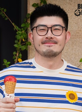 BLANKGENTLE26夏季新品刺绣向日葵蓝白条纹短袖T恤清爽少年风阳光