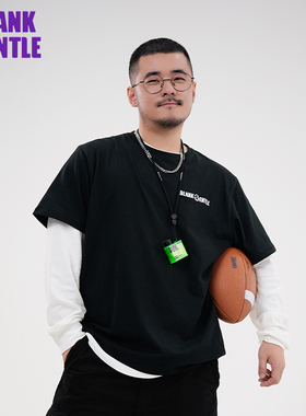 BlankGentle原创印花黑色圆领宽松短袖纯棉T恤大码男生运动熊印花