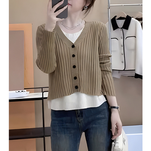 假两件针织小衫外套女装2023秋冬季新款毛衣开衫百搭v领打底上衣