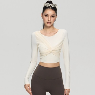 深U美背带胸垫网纱拼接长袖瑜伽服速干透气运动普拉提健身服上衣