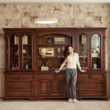 美式新古典金丝柚木全实木组合书柜书橱书房储物柜酒柜背景柜靠墙