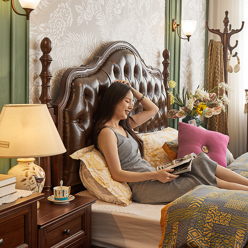 惠家名匠美式核桃木实木床软靠背