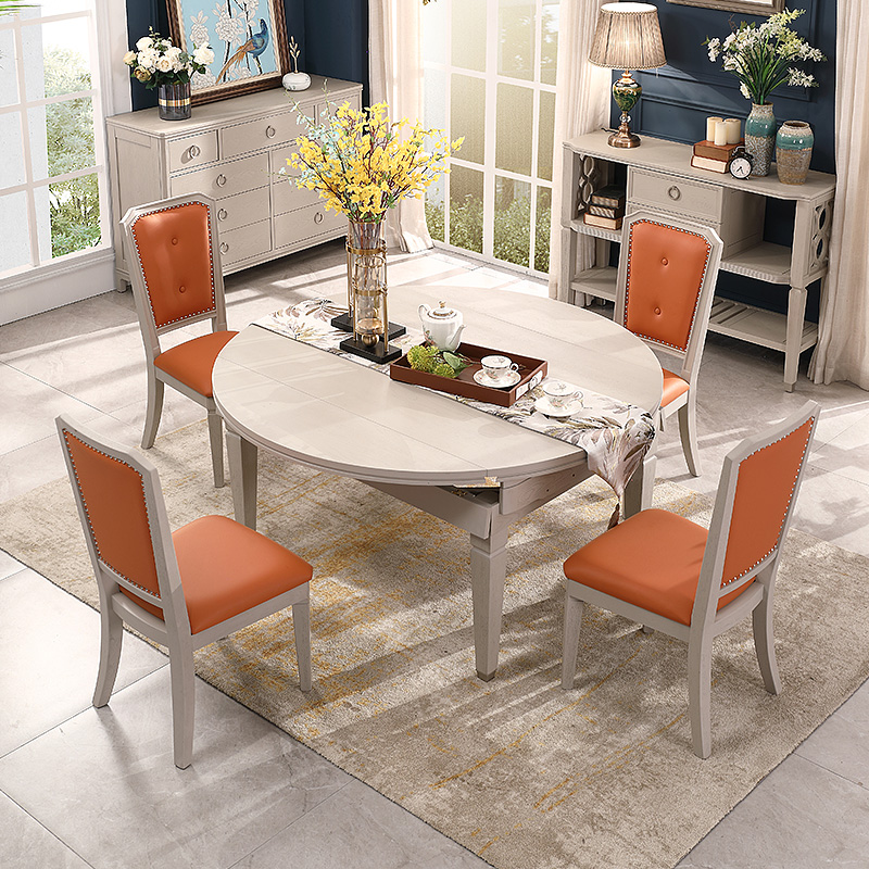 美式轻奢高级灰全实木折叠圆餐桌