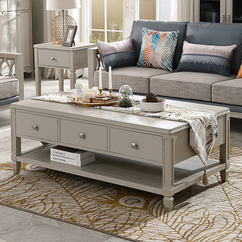 美式轻奢浅灰色红橡木全实木长茶几1.35米客厅家具双面6抽咖啡桌