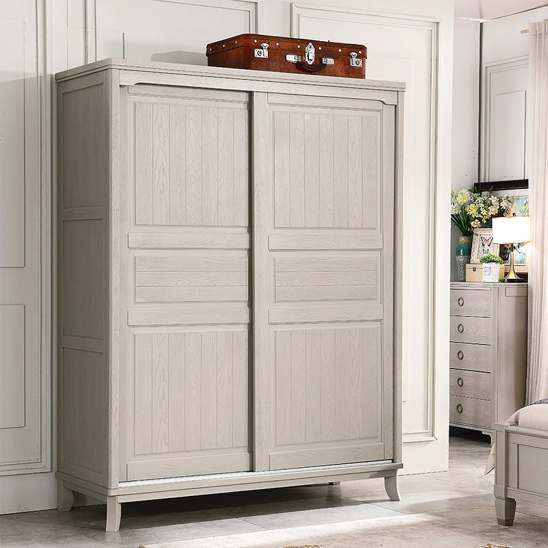 美式轻奢浅灰色全实木移门衣柜