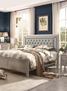 美式轻奢浅灰色红橡木实木床1.5真牛皮软靠包1.8米气压箱体储物床