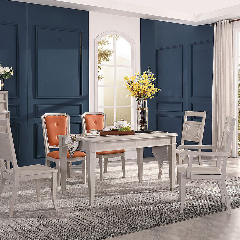 美式轻奢浅灰色实木餐桌餐椅组合