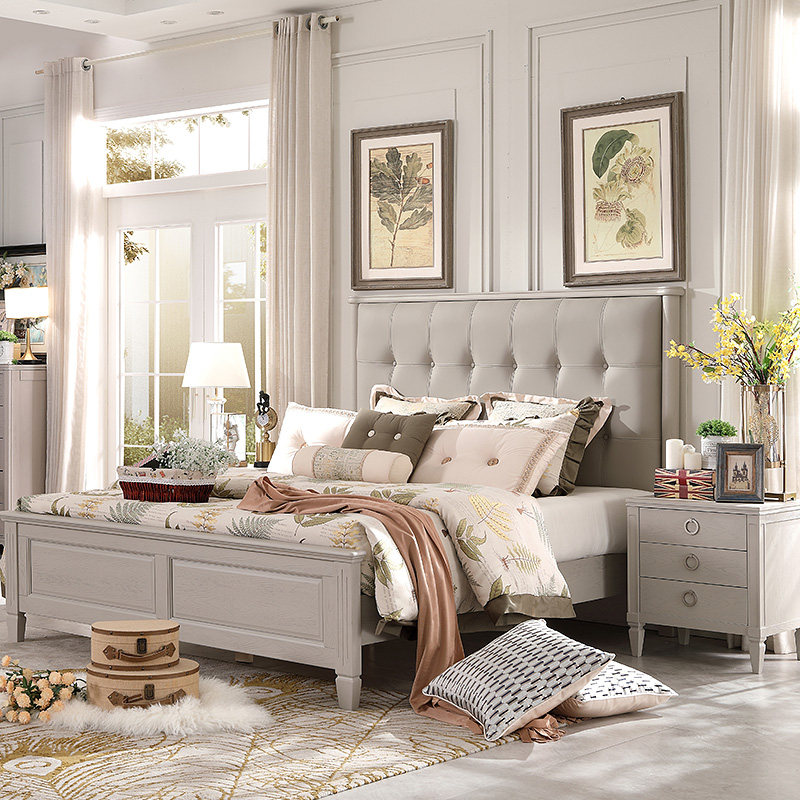 美式轻奢浅灰色红橡木全实木双人床真牛皮软靠包高箱储物床1.8m