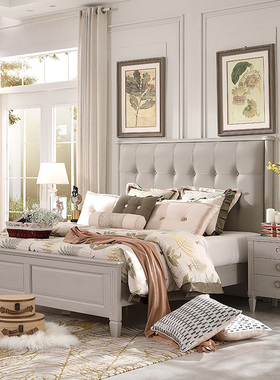 美式轻奢浅灰色红橡木全实木双人床真牛皮软靠包高箱储物床1.8m