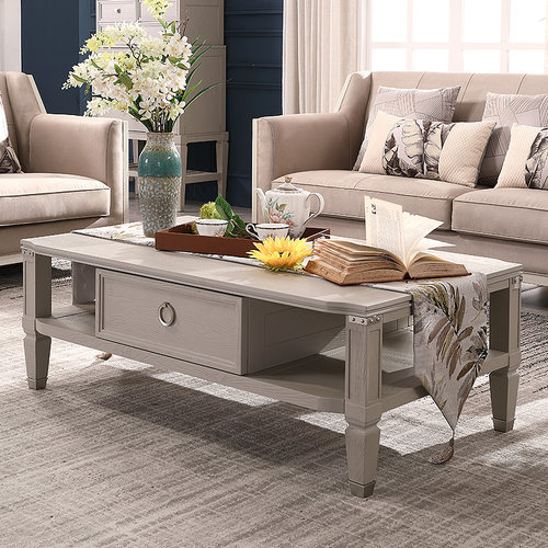 美式轻奢全实木浅灰色茶几咖啡桌