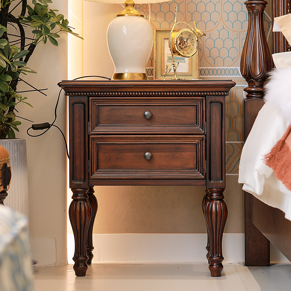 新品美式新古典金丝柚木全实木床头柜两抽复古卧室储物柜沙发边柜