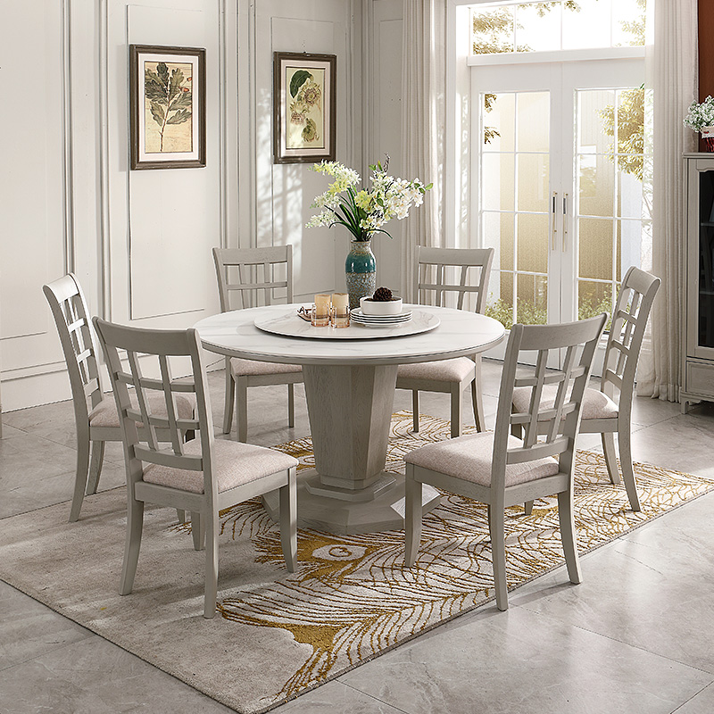 美式轻奢浅灰色红橡木岩板圆餐桌