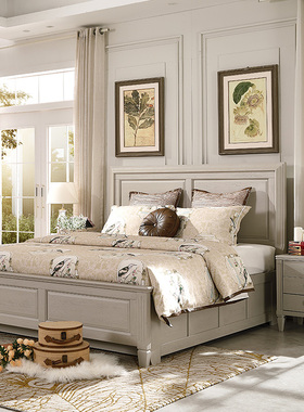 美式轻奢浅灰色红橡木全实木床1.8米双人婚床气压高箱储物床1.5m